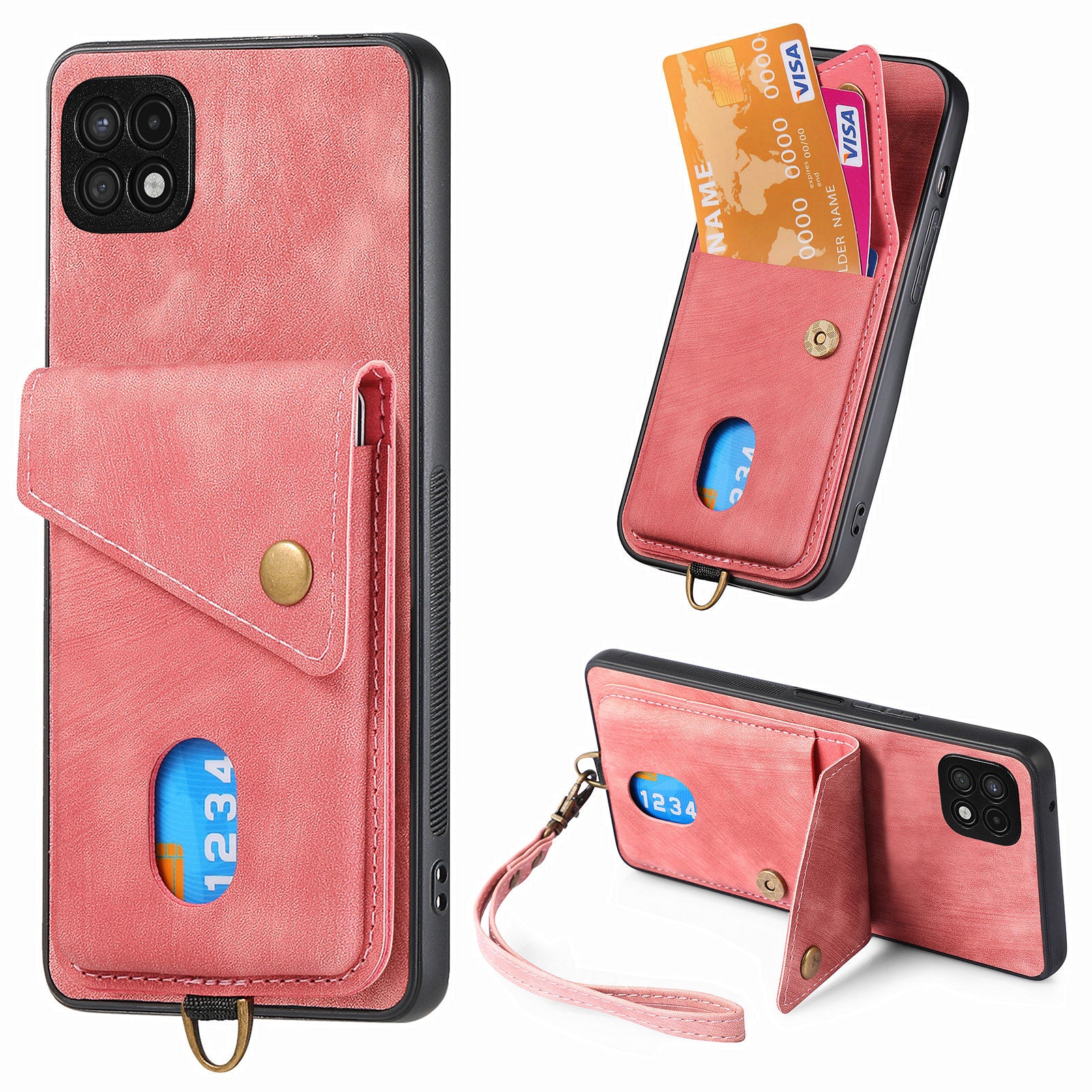 For Samsung Galaxy A22 5G (EU Version) Phone Case Leather Coated PC TPU Card Holder Kickstand Cover For Samsung Galaxy A22 5G (EU Version) Phone Case Leather Coated PC TPU Card Holder Kickstand Cover